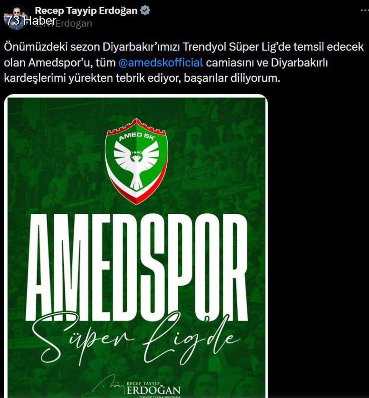 Cumhurbaşkanı Erdoğan&amp;apos;dan Amedspor&amp;apos;a tebrik mesajı