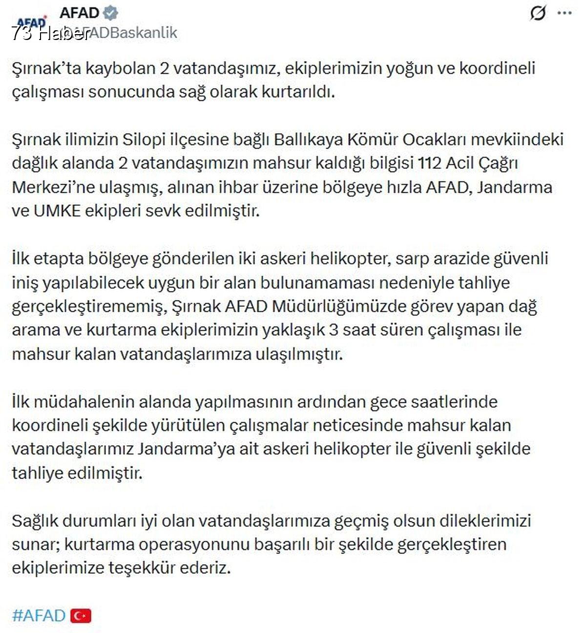 Şırnak'ın Silopi ilçesinde AFAD: Şırnak&amp;apos;ta kaybolan 2 kişi kurtarıldı